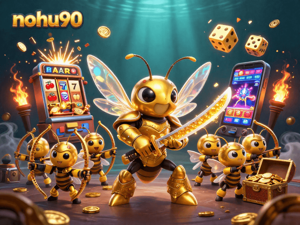 Experience the excitement of nohu90 with a 3D golden hornet samurai amidst a dynamic casino scene.
