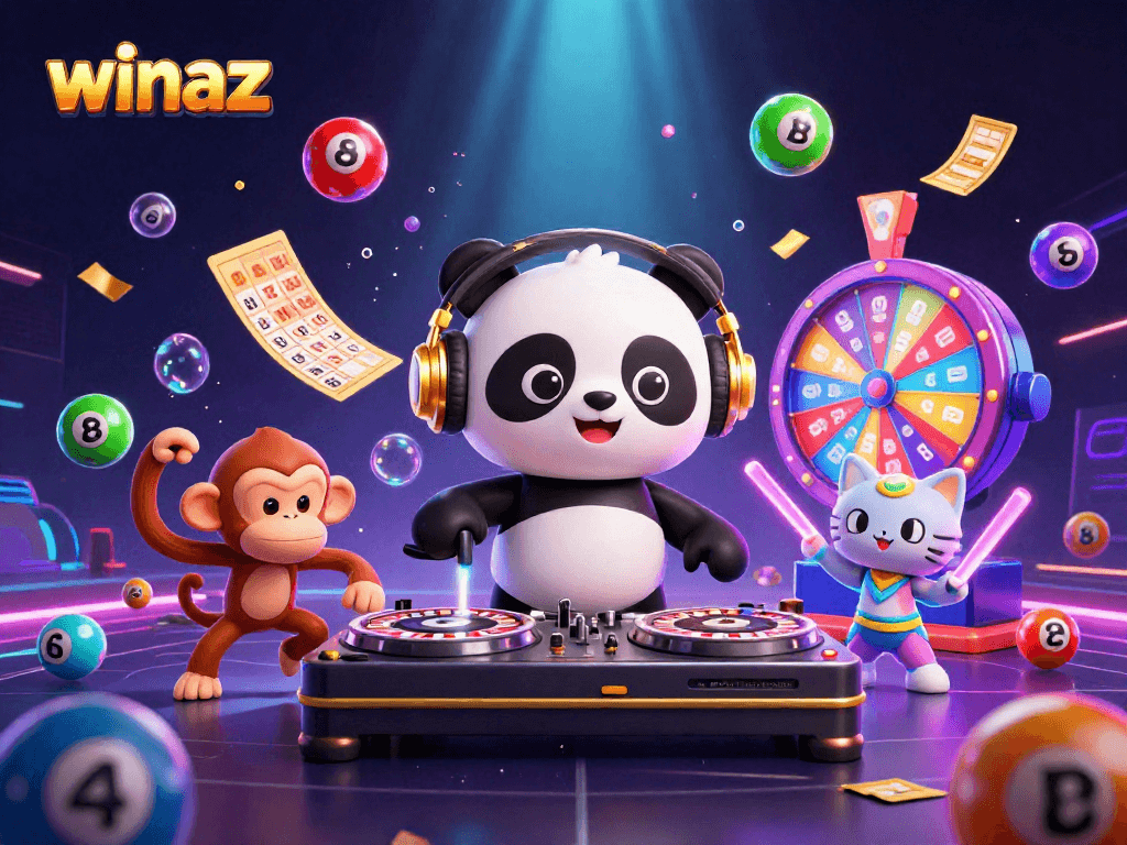 Experience winaz excitement with vibrant casino characters in a lively lottery scene.