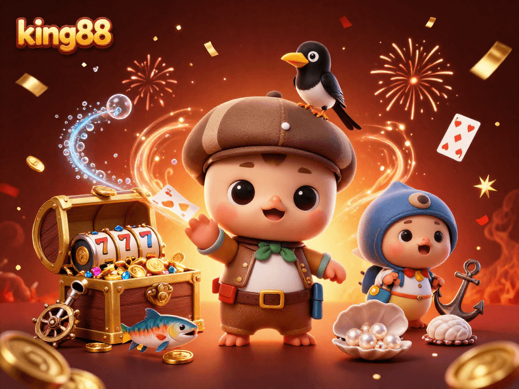 Engage with king88's exciting world of slots through charming characters and vibrant casino elements.