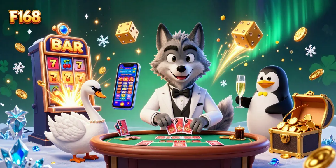Play exciting games at F168 while interacting with a classy wolf, swan, and penguin in a vibrant casino scene.