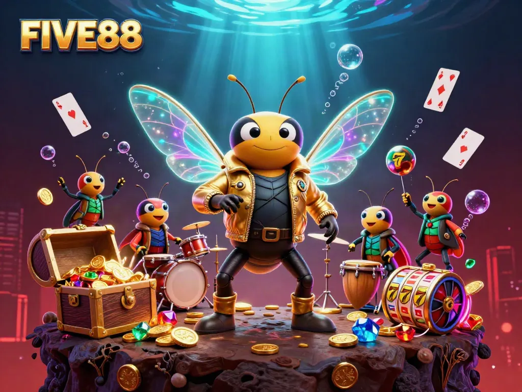 Feel the thrill with FIVE88 as a rock star cicada and friends perform amidst exploding treasure in a vibrant casino world.