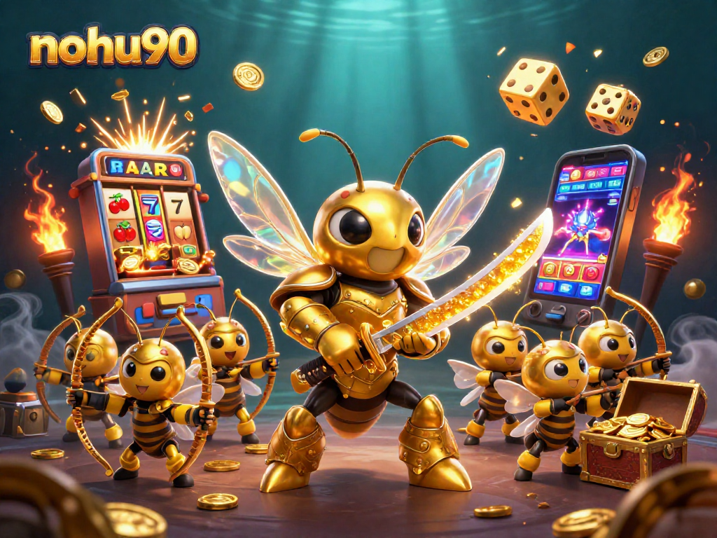 Experience the excitement of nohu90 with a 3D golden hornet samurai amidst a dynamic casino scene.