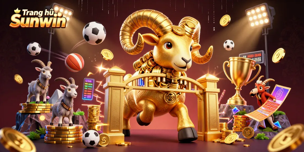 Engage with the exciting world of Trang chủ Sunwin, featuring a golden ram amidst dynamic sports elements.