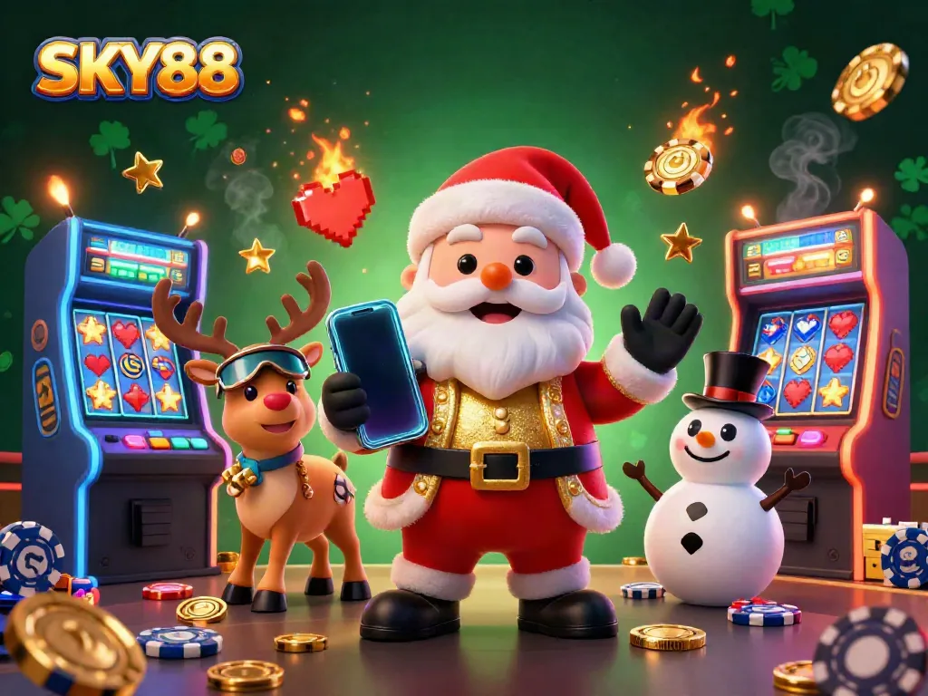 Experience gaming excitement with SKY88's vibrant casino scene featuring Santa, his reindeer, and a poker chip snowman.