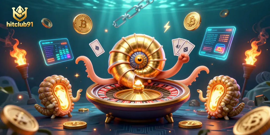 Engage in thrilling gameplay at hitclub91 with a golden nautilus roulette wheel and cryptocurrency elements.