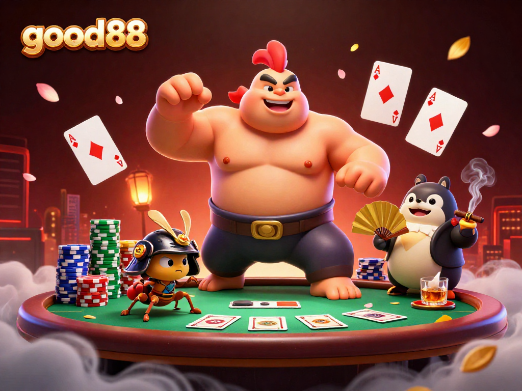 Experience thrilling poker action at good88 with a powerful sumo wrestler, fierce cricket, and tanuki announcer.