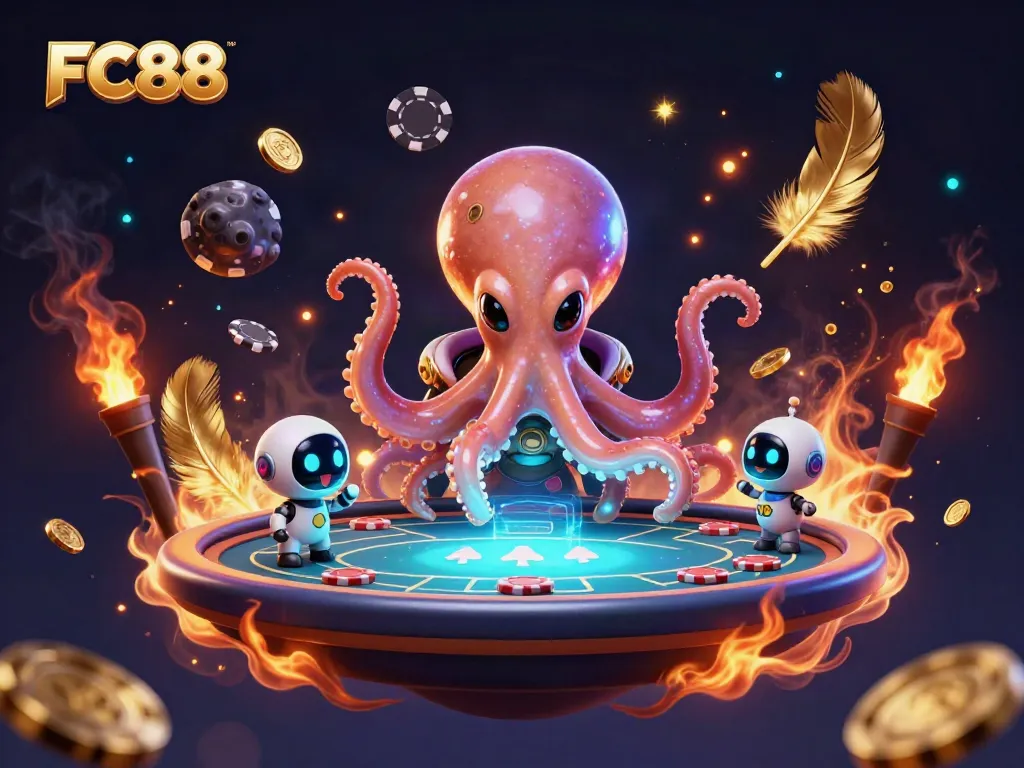 Experience the excitement of FC88 at a vibrant holographic poker table, surrounded by dynamic cosmic elements.