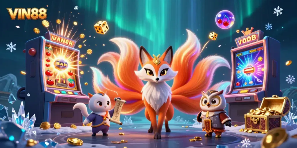 Experience thrilling gameplay at VIN88 with a vibrant illustration of a fox spirit and sage amidst a jackpot explosion.