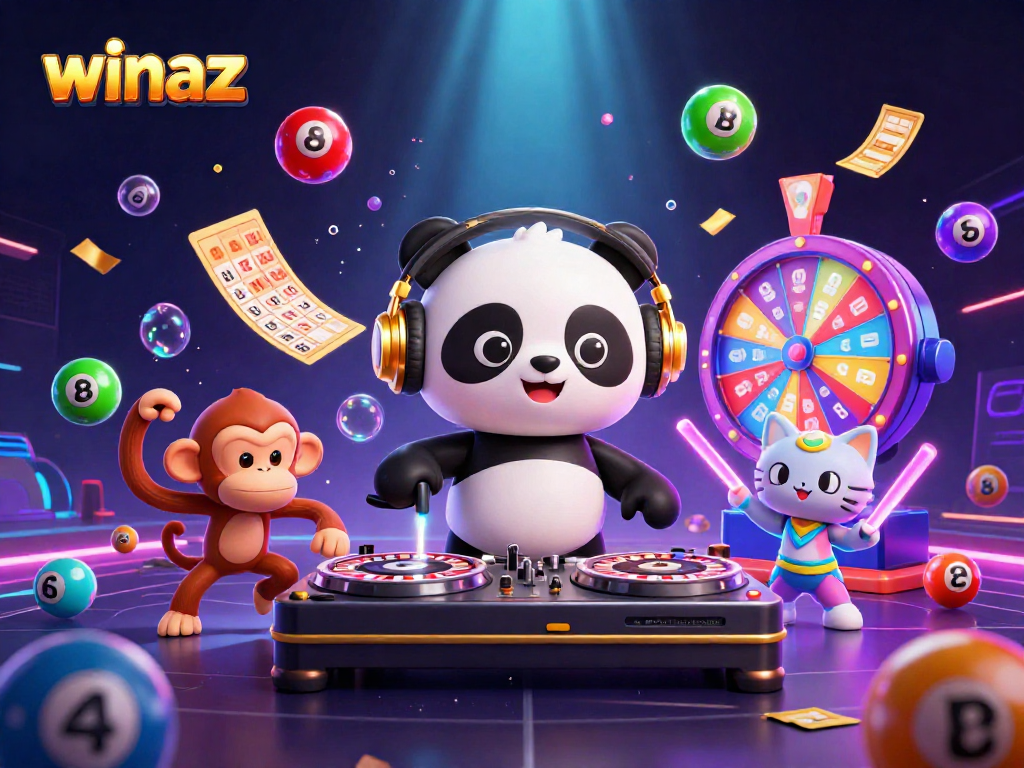 Experience winaz excitement with vibrant casino characters in a lively lottery scene.