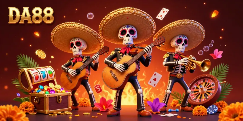 Engaging DA88 scene with skeleton mariachi band and dynamic casino elements.