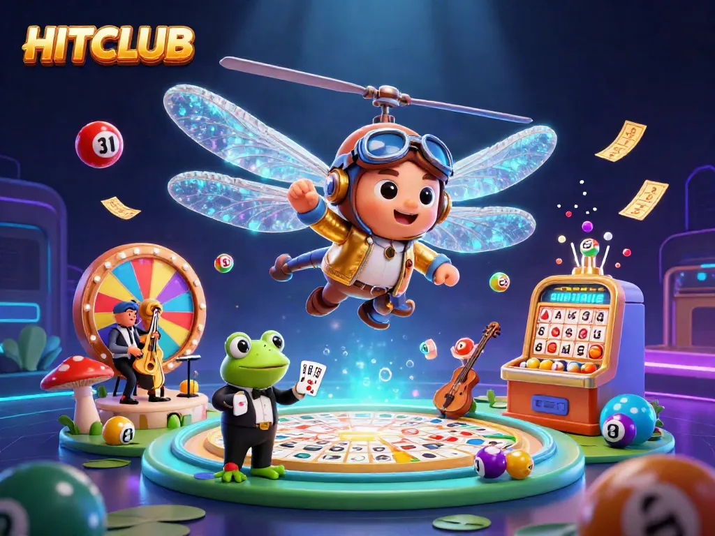 Experience the excitement of HITCLUB with a vibrant casino illustration featuring engaging characters and dynamic gaming elements.