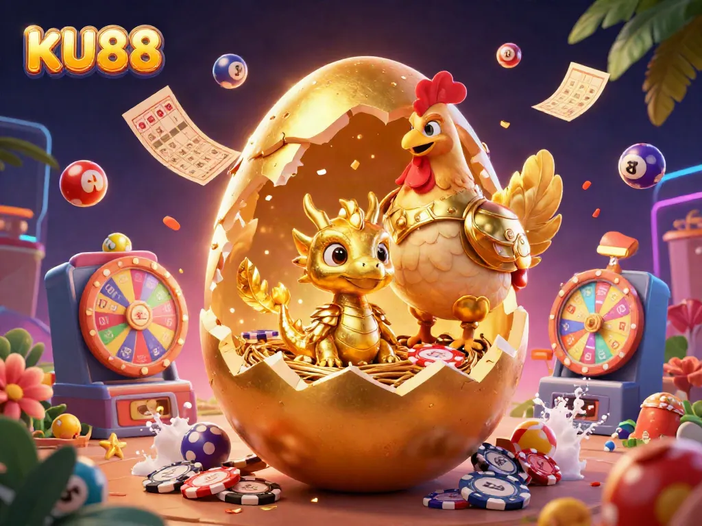 Experience the thrill of KU88's online casino with vibrant golden dragon and dynamic gaming elements.