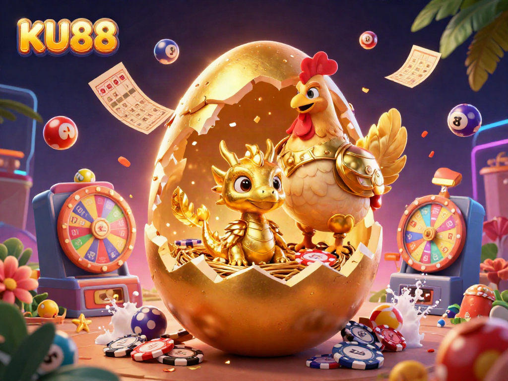 Experience the thrill of KU88's online casino with vibrant golden dragon and dynamic gaming elements.