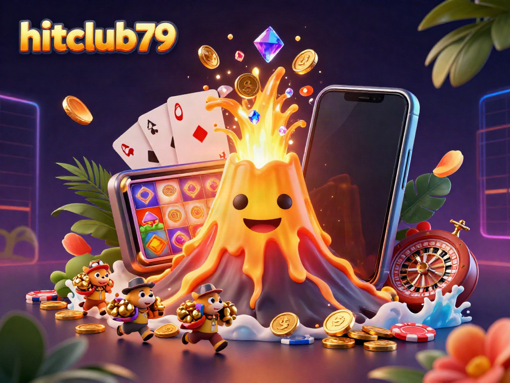 Experience the excitement of hitclub79 with a vibrant 3D eruption of treasures and gaming elements in a casino-themed illustration.