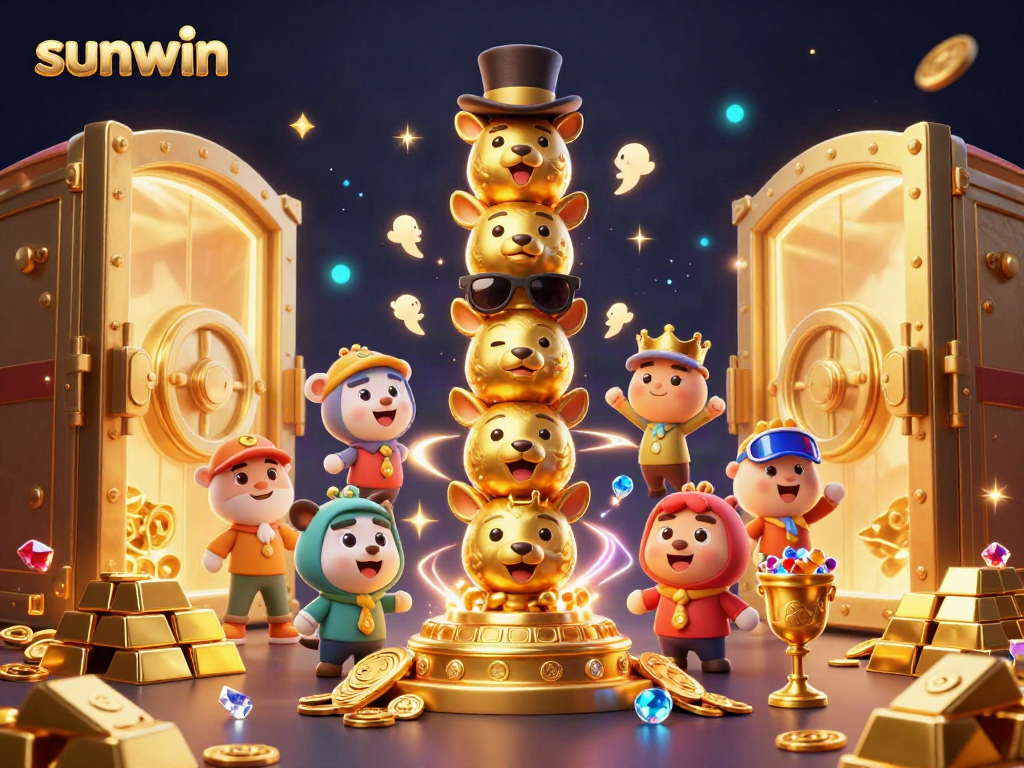 Experience sunwin's vibrant gaming world, featuring a golden totem, treasure vault, and dynamic casino elements.