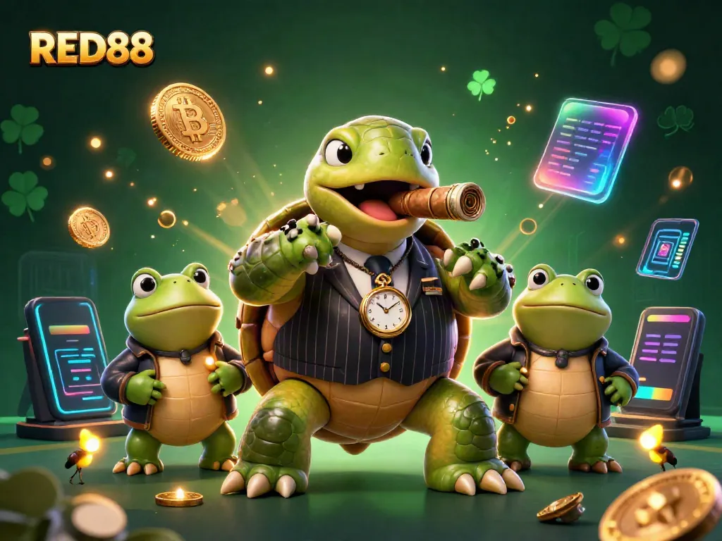 Engage with RED88's vibrant casino scene featuring a unique cartoon turtle and bullfrog enforcers.