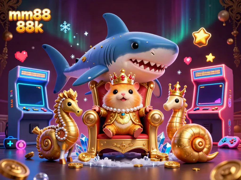 Experience excitement with mm88 88k in this vibrant 3D illustration of a golden hamster king reigning over a dynamic casino scene.
