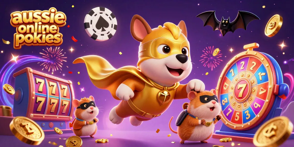 Experience the thrill of aussie online pokies with a dynamic illustration of a superhero dog flying amidst colorful slot reels.