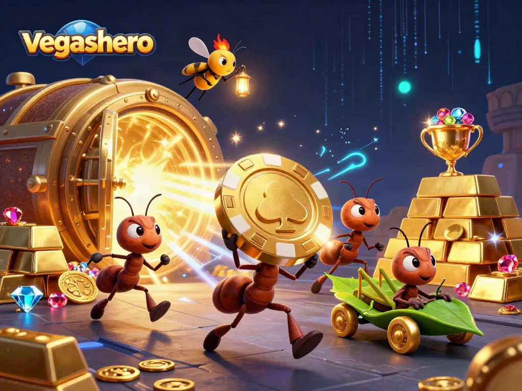 Experience the thrill of winning at VegasHero with a dynamic heist scene featuring ants and casino elements.