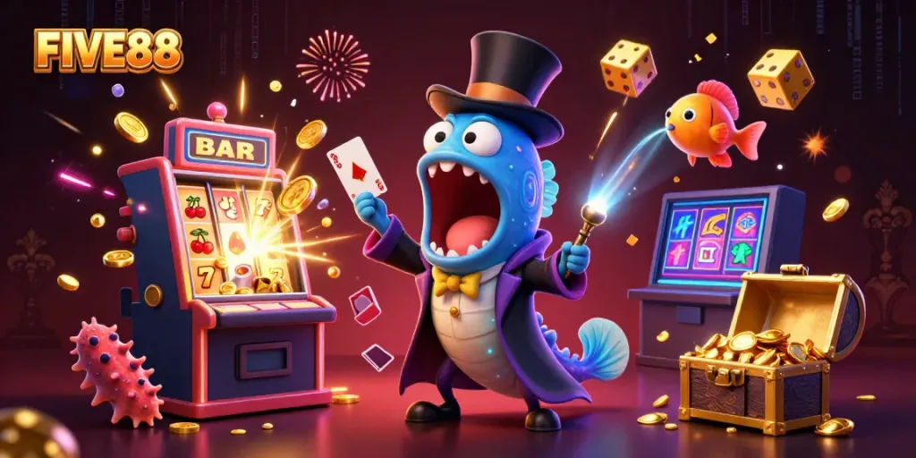 Experience the excitement of FIVE88 with a vibrant, dynamic 3D casino illustration featuring magical sea creatures.