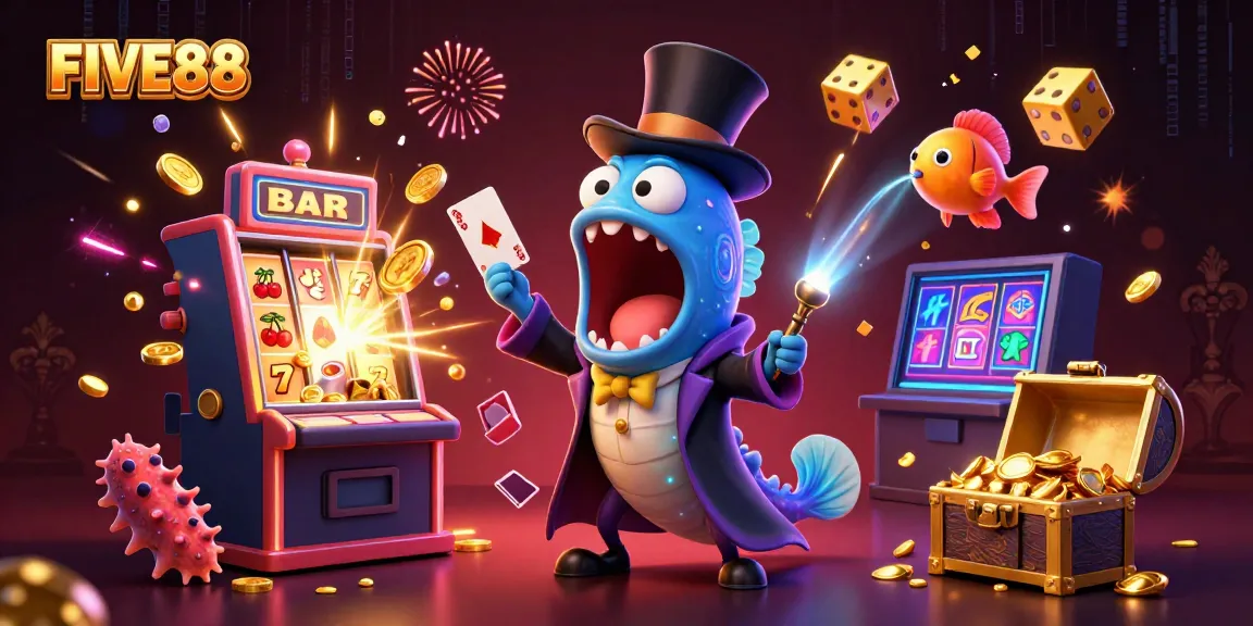 Experience the excitement of FIVE88 with a vibrant, dynamic 3D casino illustration featuring magical sea creatures.