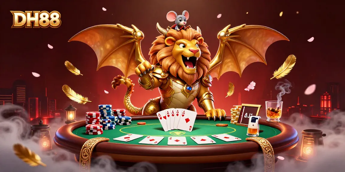 Engage in thrilling poker action at DH88 while a golden armored chimera roars triumphantly.