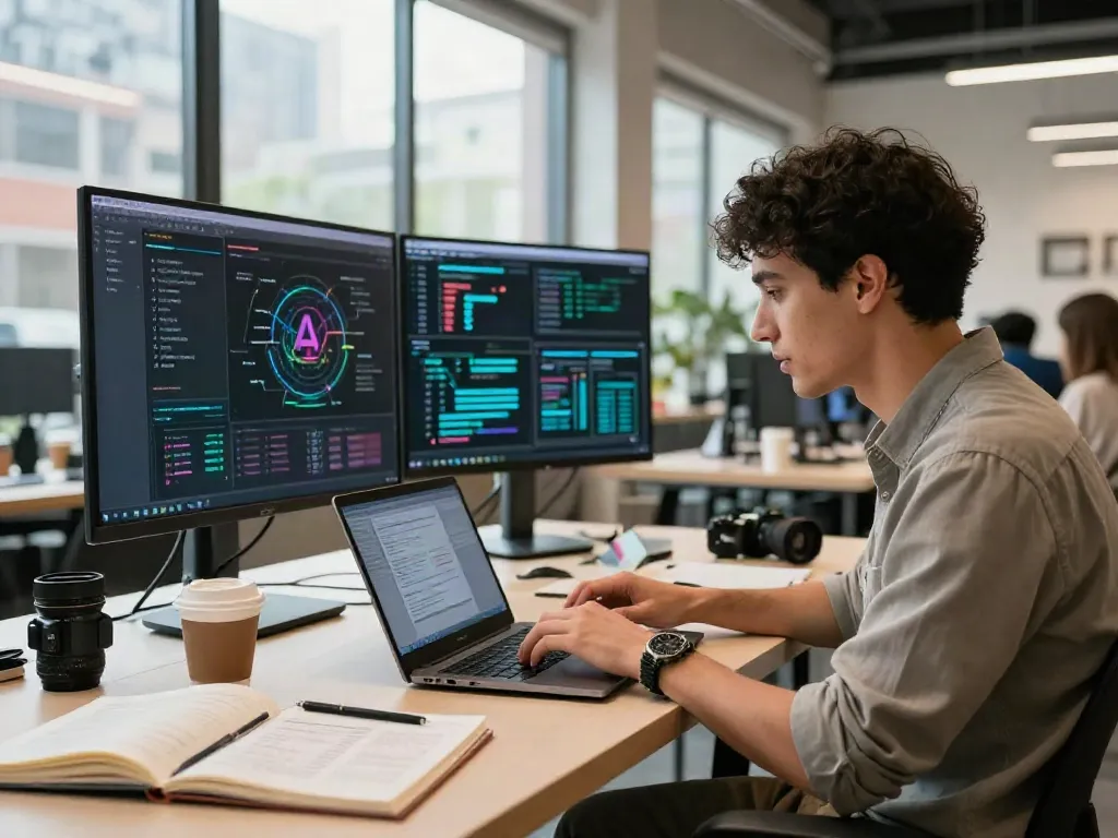 Engaging unfiltered AI chat in a modern tech workspace with a professional using a laptop amidst vibrant city views.