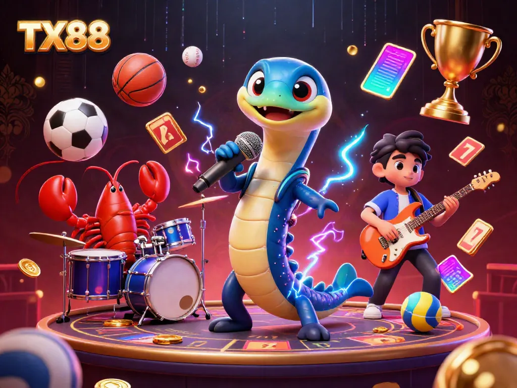 TX88 showcases a dynamic underwater casino scene featuring an electric eel DJ, lobster drummer, and seahorse guitarist among slot reels and sports elements.