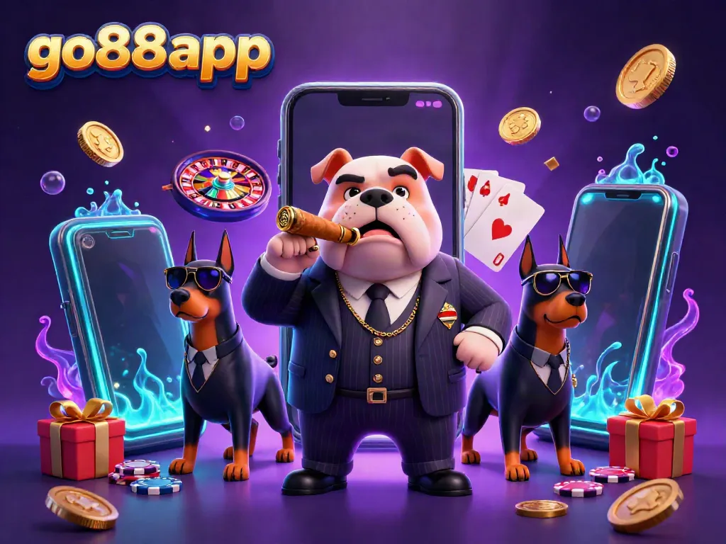 Experience the thrill of gaming with the go88app's vibrant, action-filled casino scene featuring a mafia bulldog and bodyguard Dobermans.