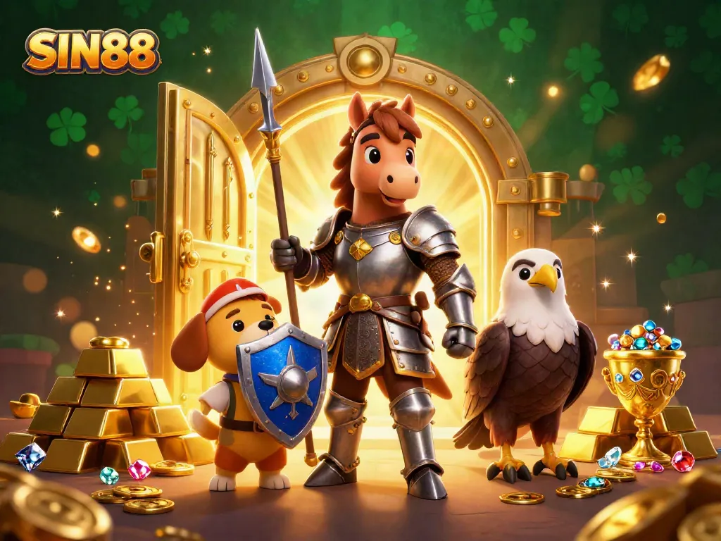 SIN88 online casino features a knight and a puppy amidst treasures, symbolizing victory.