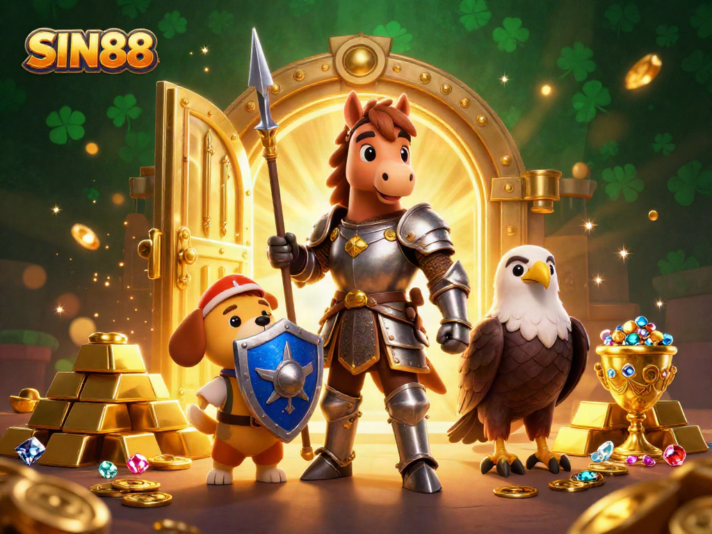SIN88 online casino features a knight and a puppy amidst treasures, symbolizing victory.