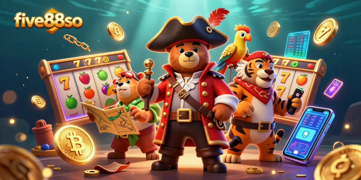 Engage with the exciting slots experience at five88so featuring vibrant slot reels and playful characters.