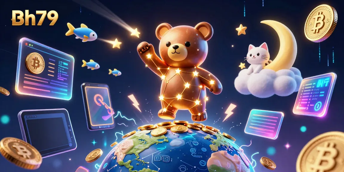 Experience the excitement of gaming with Bh79's vibrant constellation bear, scooping coins amid Bitcoin and Ethereum elements.