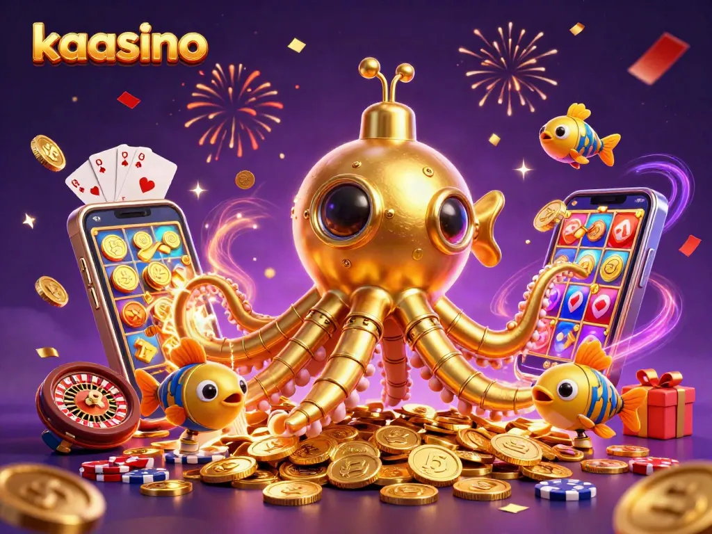 Win big with kaasino in this vibrant 3D casino illustration featuring playful characters and games.