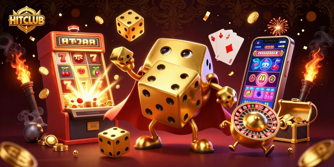 Join the excitement at HITCLUB with a dazzling 3D illustration showcasing vibrant casino elements.