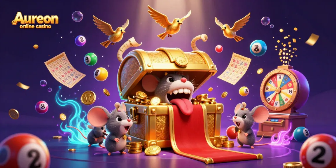 Aureon online casino - win big with colorful lottery balls and dynamic game elements surrounding an adventurous scene