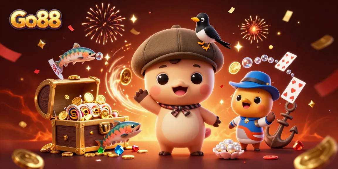 Experience exciting slots with Go88's vibrant underwater casino scene featuring animated characters and treasures.