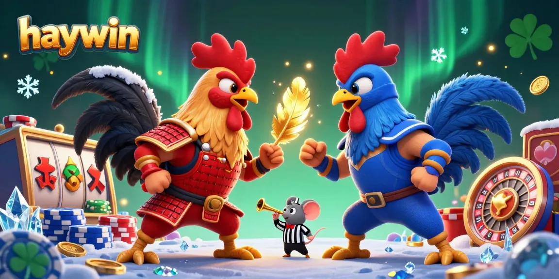 Engage with the exciting world of haywin as roosters face off amidst a vibrant casino setting.