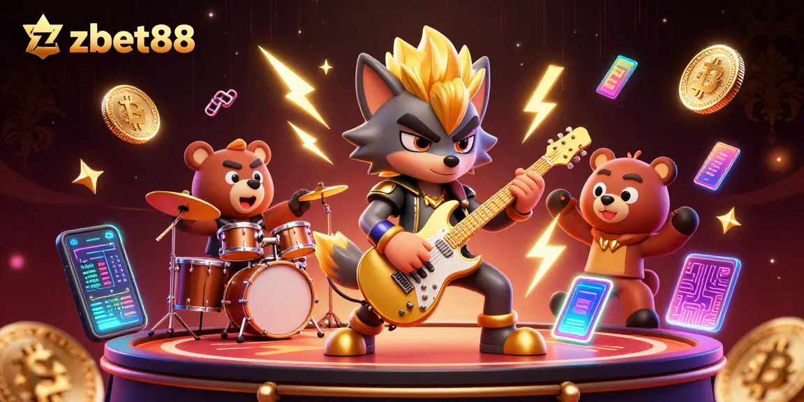 Join the zbet88 gaming experience with vibrant visuals, bitcoin coins, and a lively rock star scene.
